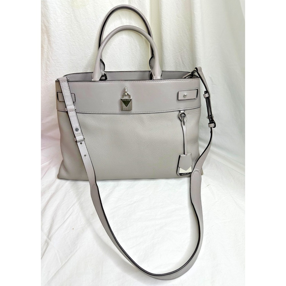 Michael Kors Gramercy Pearl Grey Leather Large Satchel Multipocket Purse - Picture 3 of 16